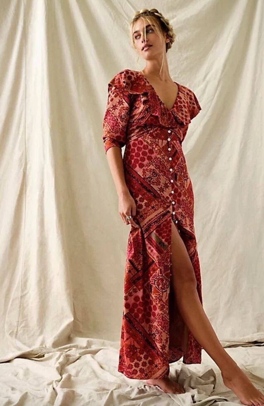 Free People Lennon Dress Maxi Primrose Viscose Combo Boho Ruffle Small NWT